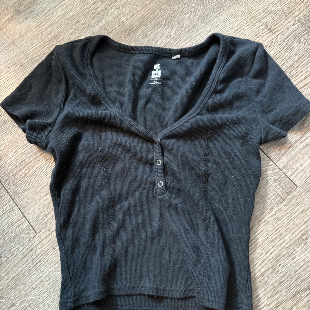 Black V-Neck Buttoned Women's Top